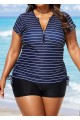 Plus Size Zip Front Striped Short Sleeves Rash Guard Tankini Top