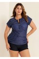 Plus Size Zip Front Striped Short Sleeves Rash Guard Tankini Top