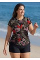 Plus Size Black Leaf Upf50+ Short Sleeves Zipper Drawstring Women's Swimsuit Tankini Top