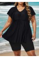Black Tie Front Ruffled Flowy Short Sleeves Tankini Top