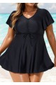 Black Tie Front Ruffled Flowy Short Sleeves Tankini Top