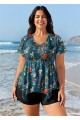 Curvy Green Floral Short Sleeve Swimsuit And Swimwear Tankini Top