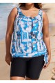 Blue Tie-Dye Irregular Pattern Blouson Tankini Top with Side Tie
