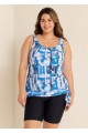Blue Tie-Dye Irregular Pattern Blouson Tankini Top with Side Tie
