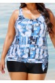 Blue Tie-Dye Irregular Pattern Blouson Tankini Top with Side Tie