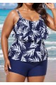 Navy Blue Leaf Print Layered Style Tankini Top