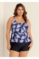 Navy Blue Leaf Print Layered Style Tankini Top