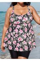 Black Floral Print Square Neck Flowy Modest Plus Size Tankini Swimsuit Top