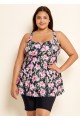 Black Floral Print Square Neck Flowy Modest Plus Size Tankini Swimsuit Top