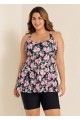 Black Floral Print Square Neck Flowy Modest Plus Size Tankini Swimsuit Top
