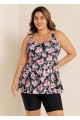 Black Floral Print Square Neck Flowy Modest Plus Size Tankini Swimsuit Top