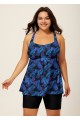 Purple Plants Print Square Neck Flowy Modest Plus Size Tankini Swimsuit Top