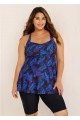 Purple Plants Print Square Neck Flowy Modest Plus Size Tankini Swimsuit Top