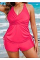 Drawstring Stylish Pink Twisted Front Women Tankini Set
