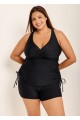 Drawstring Stylish Black Twisted Front Women Tankini Set