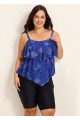 Navy Blue Floral Print Flattering Layered Ruffles Plus Size Women's Swimsuit Tankini Top