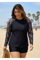 Black Leaf Print Long Sleeve Plus Size Swimsuit Swimwear Tankini Top