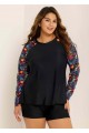 Black Leaf Print Long Sleeve Plus Size Swimsuit Swimwear Tankini Top
