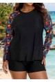 Black Leaf Print Long Sleeve Plus Size Swimsuit Swimwear Tankini Top