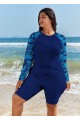Blue Leaf Print Long Sleeve Curvy Swimwear Bathing Suits Tankini Top