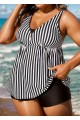 Black And White Striped Print Bow Tie Front Tankini Top