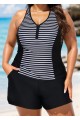 Black Striped Zip-Up Sporty With Pocket Rash Guard Tankini Set