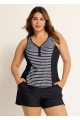 Black Striped Zip-Up Sporty With Pocket Rash Guard Tankini Set