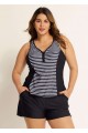 Black Striped Zip-Up Sporty With Pocket Rash Guard Tankini Set