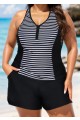 Black Striped Zip-Up Sporty With Pocket Rash Guard Tankini Set