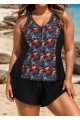 Plus Size Black Leaf Print Zipper Swimsuit And Swimwear Tankini Top