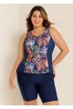 Curvy Navy Leaf Print Zipper Swimsuit And Swimwear Tankini Top