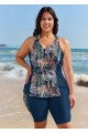 Curvy Navy Leaf Print Zipper Swimsuit And Swimwear Tankini Top