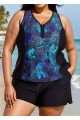 Plus Size Blue Floral Zipper And Color Block Swimsuits Tankini Top