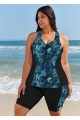 Plus Size Blue Floral Zipper And Color Block Swimsuits Tankini Top