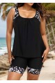 Plus Size Black Floral Print Round Neck Modest Tankini Set