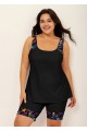 Black Plants Print Round Neck Plus Size Modest Tankini Set