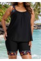 Black Plants Print Round Neck Plus Size Modest Tankini Set