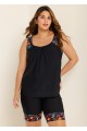 Black Plants Print Round Neck Plus Size Modest Tankini Set