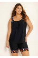 Black Plants Print Round Neck Plus Size Modest Tankini Set