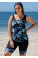 Plus Size Black Floral Scoop Neck Sleeveless Vintage Padded Curvy Swimsuit Tankini Set