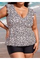 Leopard Print V Neck Ruffle Sleeve Plus Size Women Tankini Top