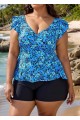 Blue Floral Print V Neck Ruffle Sleeve Plus Size Tankini Top