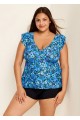 Blue Floral Print V Neck Ruffle Sleeve Plus Size Tankini Top