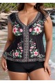 Black Floral V Neck Ruffled Sleeve Curvy Swimsuit Tankini Top