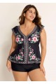 Black Floral V Neck Ruffled Sleeve Curvy Swimsuit Tankini Top