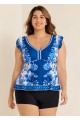 Plus Size  Blue And White Ruffle Sleeve Swimwear Bathing Suits Tankini Top