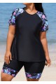 Black Floral Pullover Short Sleeve Fashion Casual Tankini Set