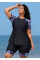 Black Floral Pullover Short Sleeve Fashion Casual Tankini Set