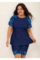 Blue Plants Pullover Short Sleeve Modest Plus Size Fashion Casual Tankini Set