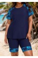 Blue Plants Pullover Short Sleeve Modest Plus Size Fashion Casual Tankini Set